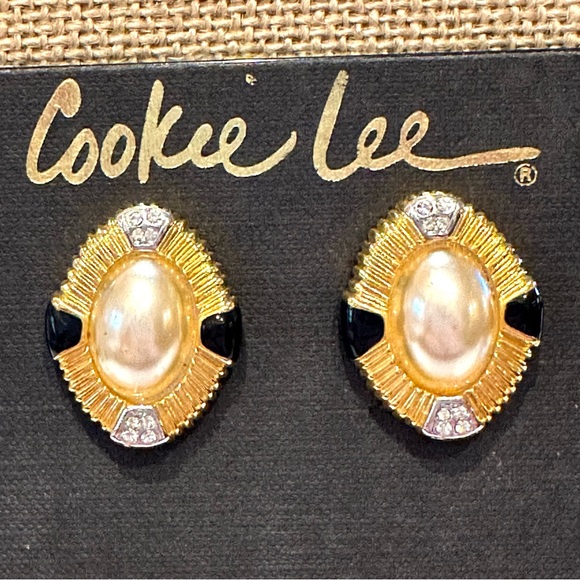 NWT Cookie Lee Earrings clip-on gold w/ black enamel, faux pearl & rhinestones - Picture 1 of 8